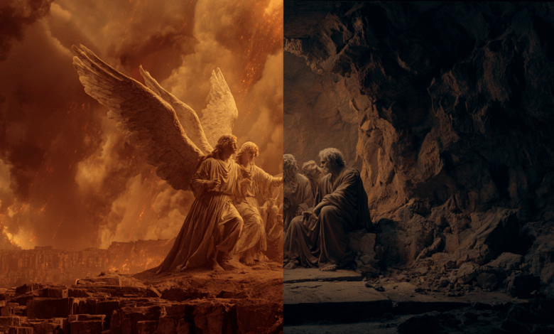 A split image shows angels rescuing Lot from a burning city on the left, and a despondent Lot in a dark cave with his daughters on the right.