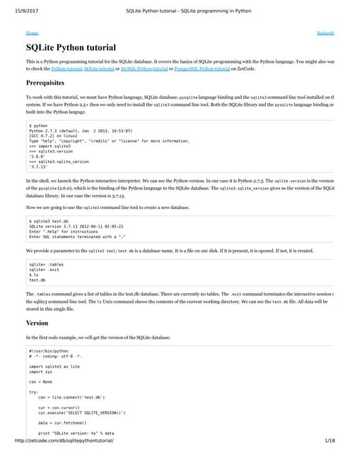 Sq Lite Python Tutorial Sqlite Programming In Python Pdf