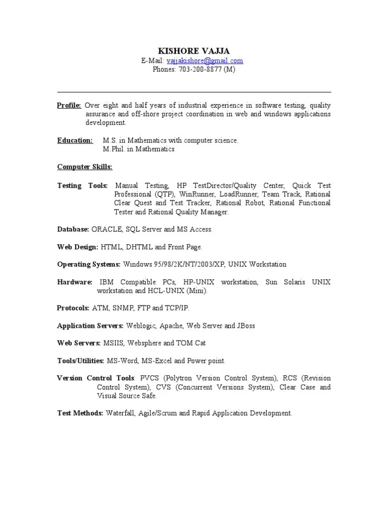 Sample resume for manual test engineer