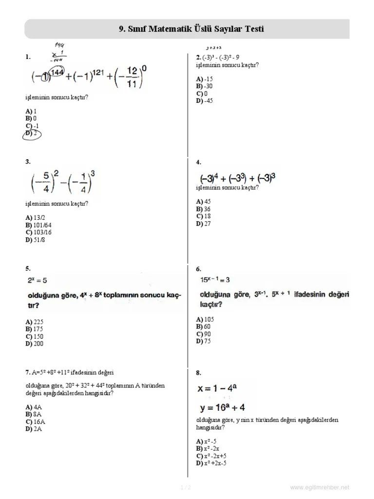 9 Sinif Matematik Uslu Sayilar Testi | PDF
