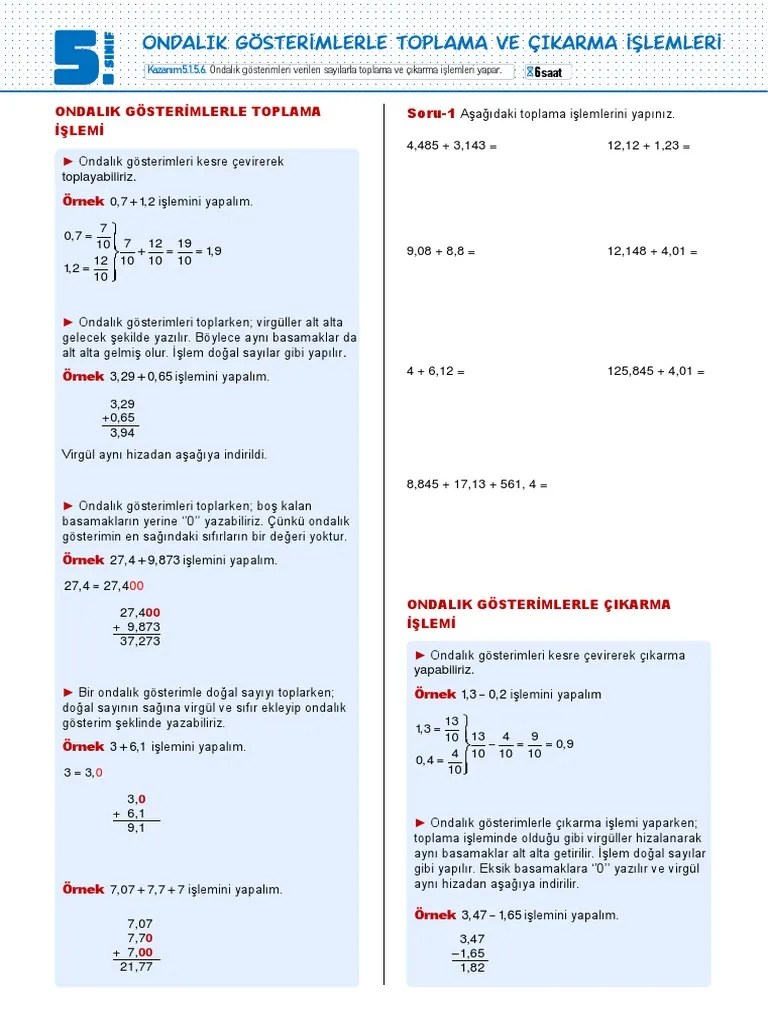 6 Ondalik Gosterimlerle Toplama Ve Cikarma Islemleri | PDF