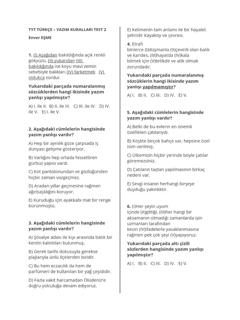 Tyt Turkce Yazim Kurallari Test Sorulari Ve Cevaplari 2 | PDF