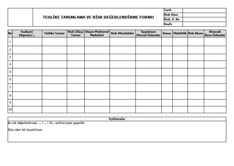 Boş Tehlike Tanımlama Ve Risk Değerlendirme Formu | PDF
