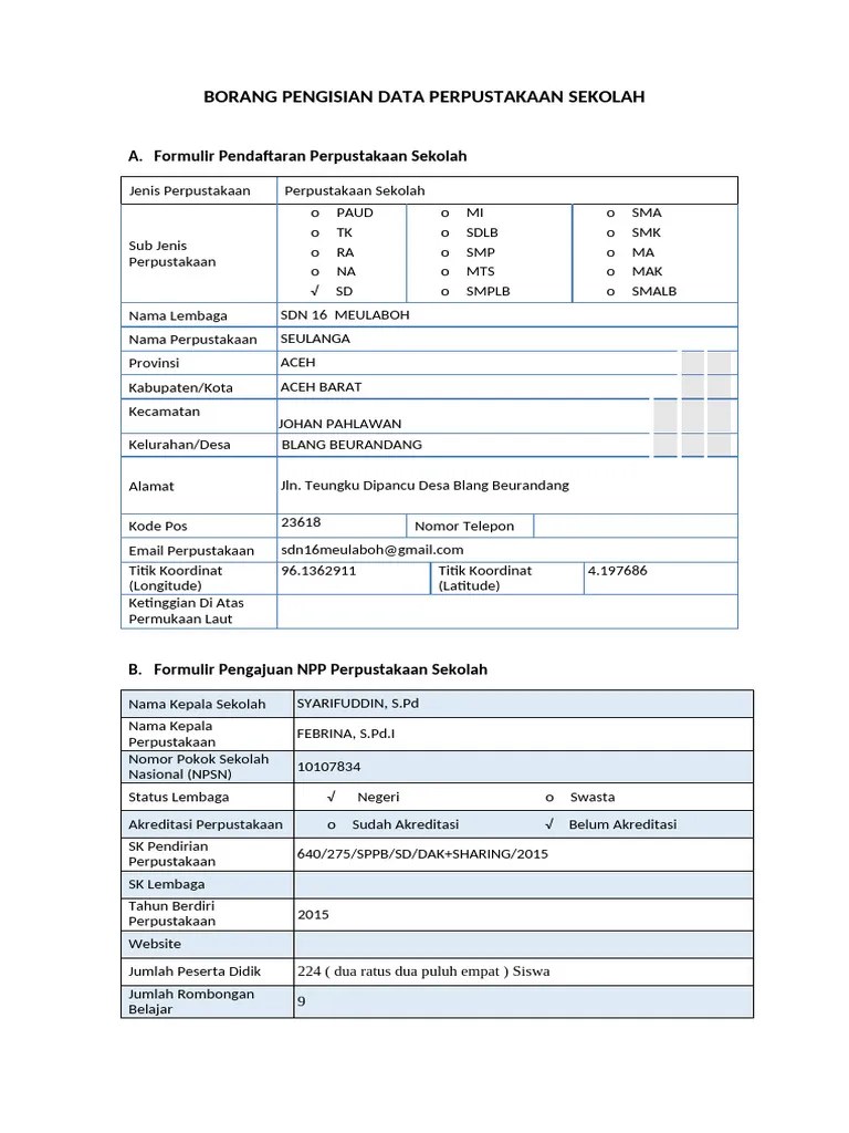 BORANG PENGISIAN DATA PERPUSTAKAAN SDN 16 2024 | PDF