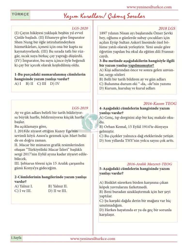 Cikmis Yazim Kurallari Sorulari Ve Cevaplari | PDF