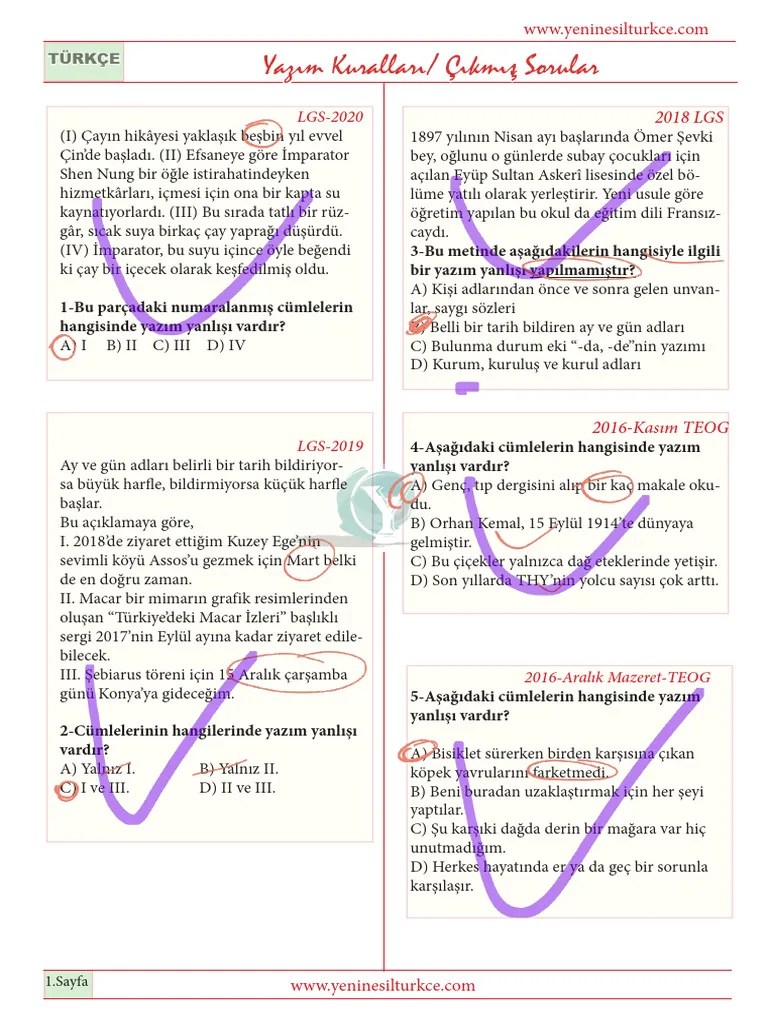Cikmis Yazim Kurallari Sorulari Ve Cevaplari 1 250118 101100 | PDF