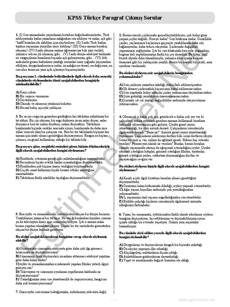 Kpss Turkce Paragraf Cikmis Sorular | PDF