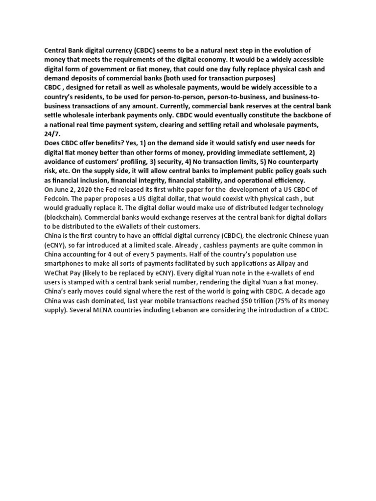Central Bank Digital Currency | PDF | Money | Banks