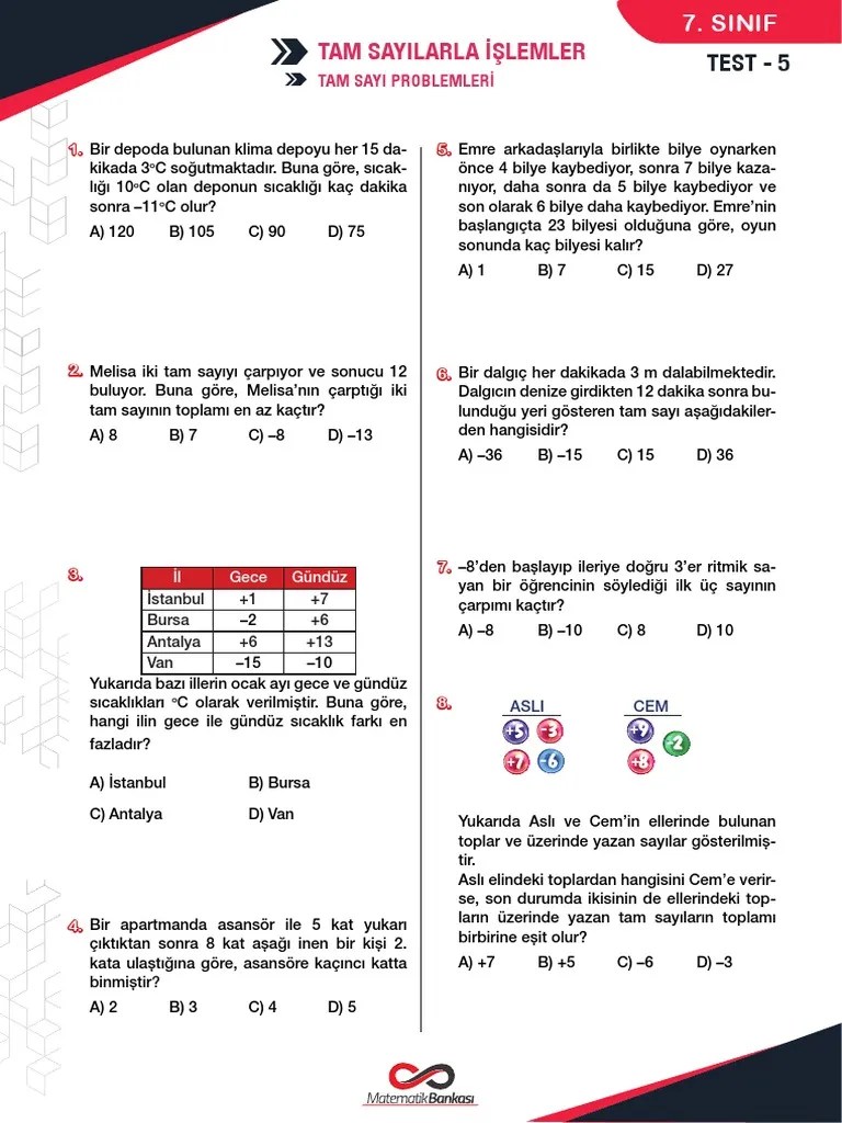 7sinif Tam Sayi Problemleri | PDF