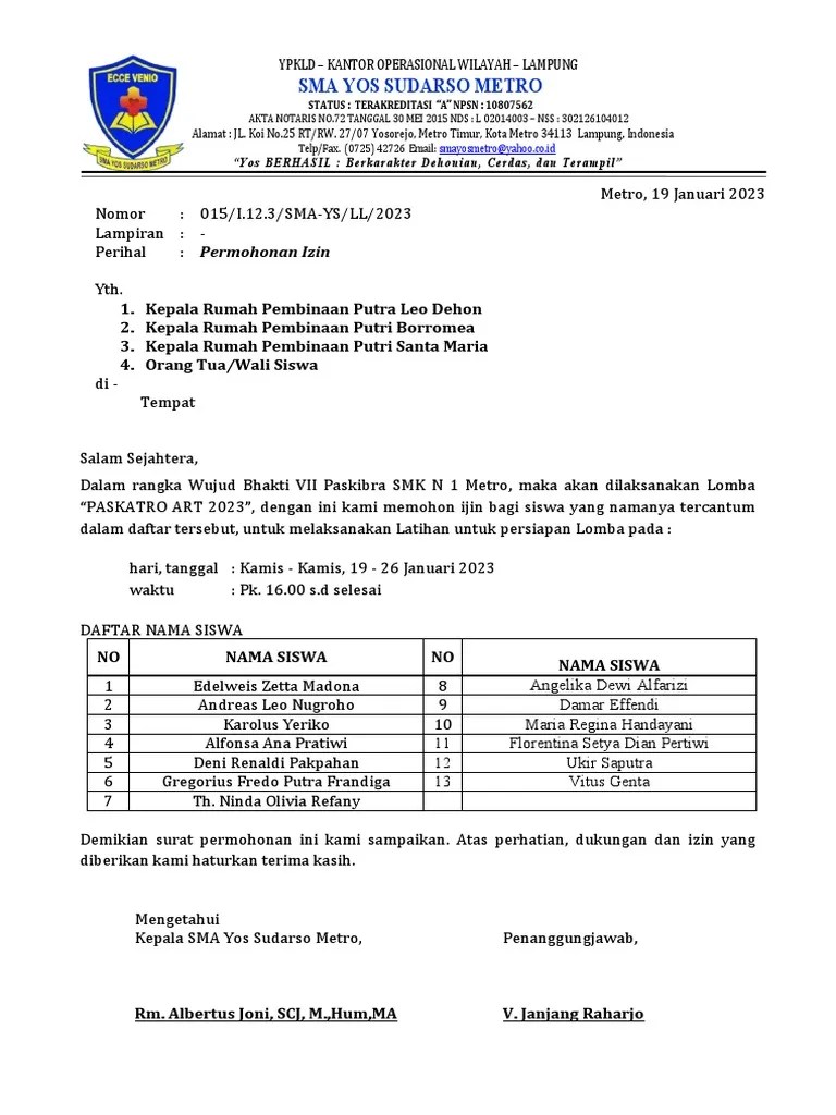 Surat Izin Asrama - Paskib | PDF