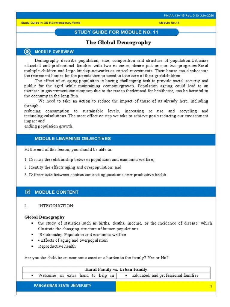 TCW Module 11 The Global Demography | PDF | Human Overpopulation ...