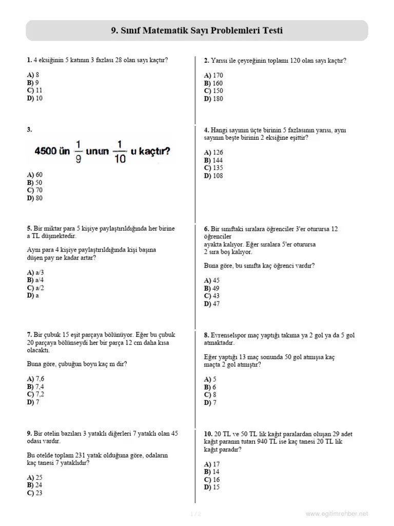 9 Sinif Matematik Sayi Problemleri Testi | PDF