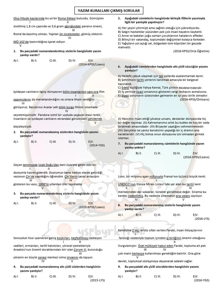 YAZIM KURALLARI Çıkmış Sorular | PDF