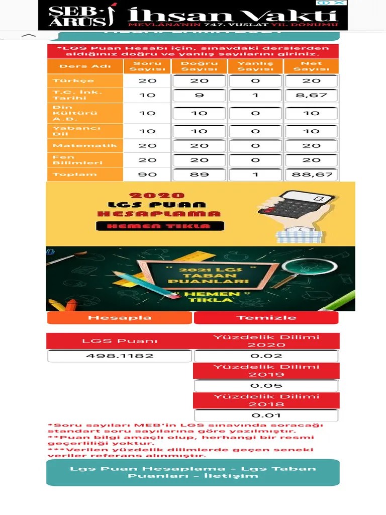 LGS Puan Hesaplama Motoru 2021 - LGS Yüzdelik Dilim | PDF
