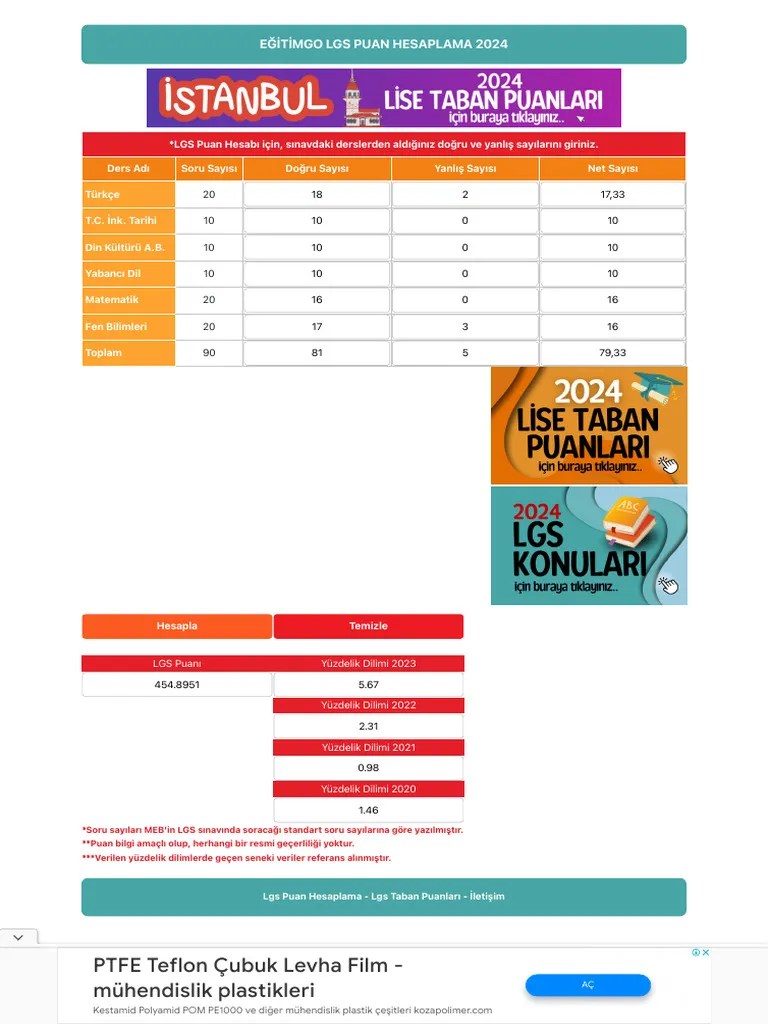 LGS Puan Hesaplama 2024 - LGS Yüzdelik Dilim | PDF