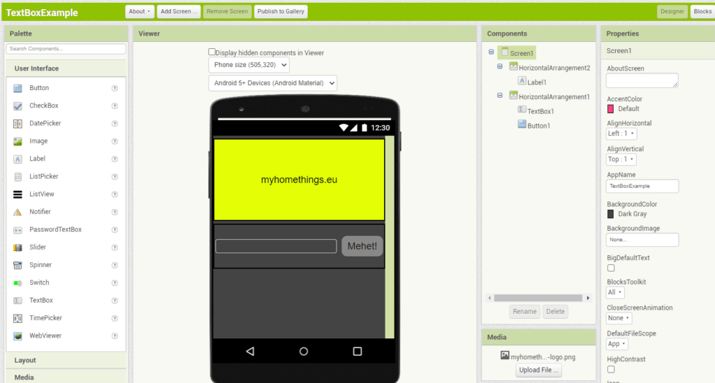 MIT App Inventor - Designer - Textbox példa