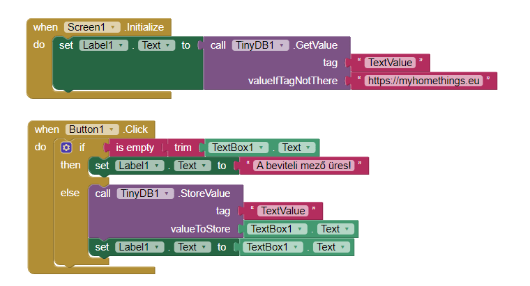 MIT App Inventor Blokkszerkesztő - Textbox-adatbázissal példa