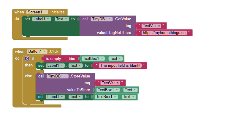 MIT App Inventor Block Editor - Example with a Textbox database