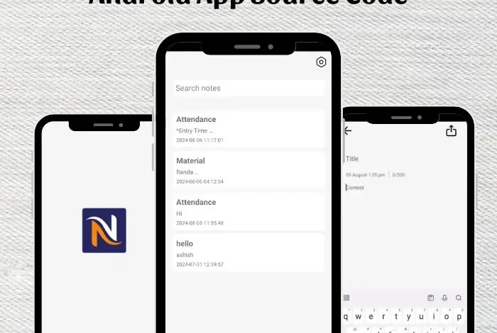 Android Notes App Source Code interface showing note creation and task management features