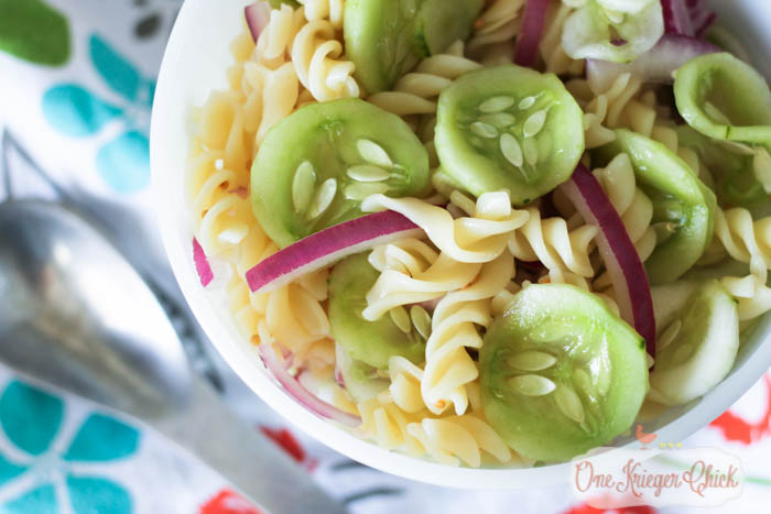 Cucumber and Onion Pasta Salad-a delicious twist on traditional Cucumber and Onions-6- OneKriegerChick.com-1