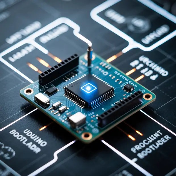 Microcontroller board with glowing LED showcasing bootloader development for embedded systems.