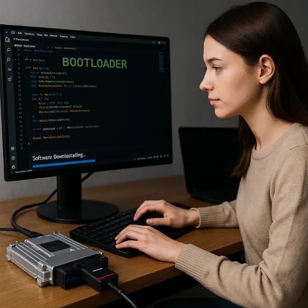 Woman programming bootloader firmware for embedded systems on desktop computer.