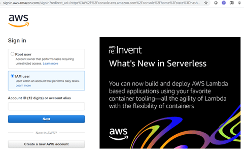 AWS Console Login screen