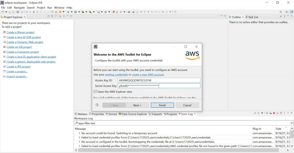 Configure Access Key ID and Secret Access Key in AWS Toolkit