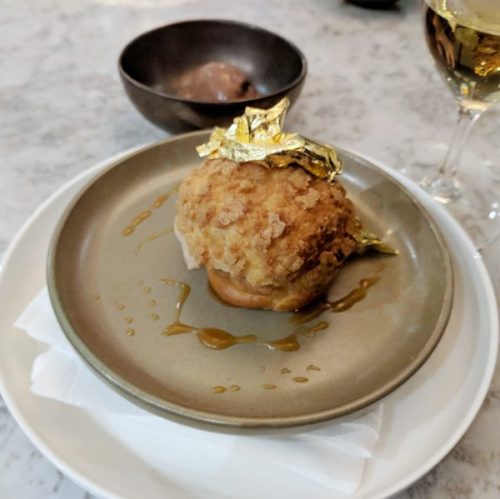 Crunchy, sweet, hazelnutty choux with gold on top.