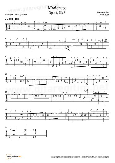 Sor - Moderato - Op.44, No.6 - Klasik Gitar Tab