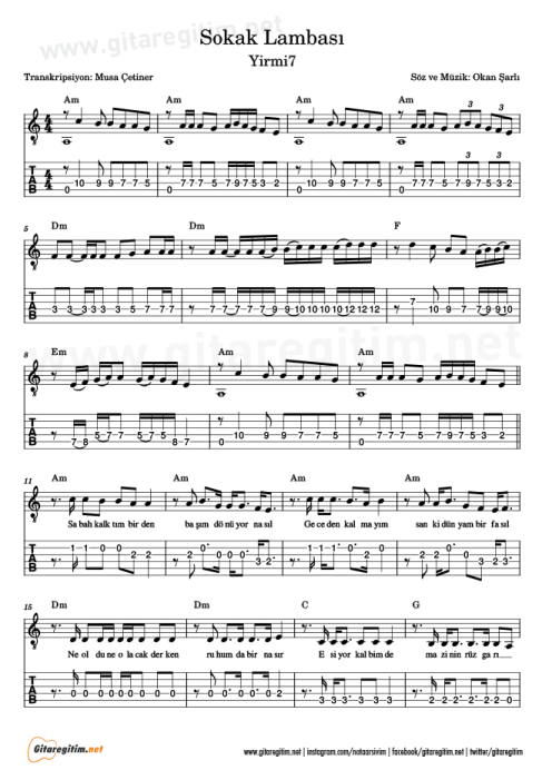 Sokak Lambası - Gitar Nota ve Tab