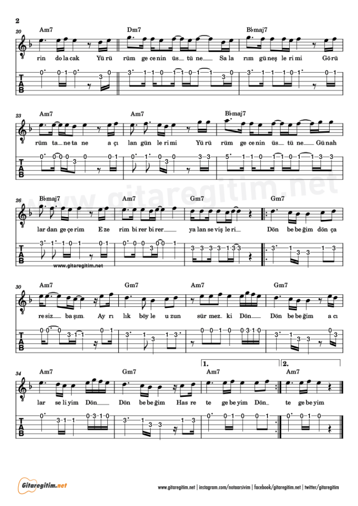 Dön Bebeğim - Gitar Nota ve Tab - 2