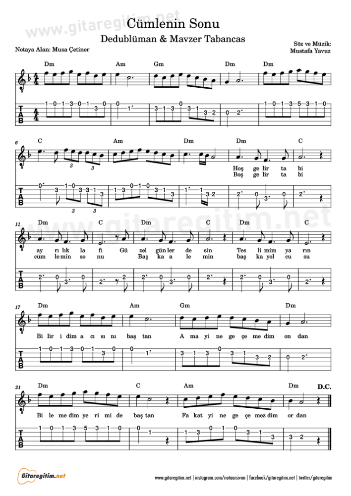 Cümlenin Sonu - Gitar Nota ve Tab