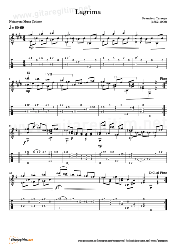 Francisco Tarrega - Lagrima - Tab