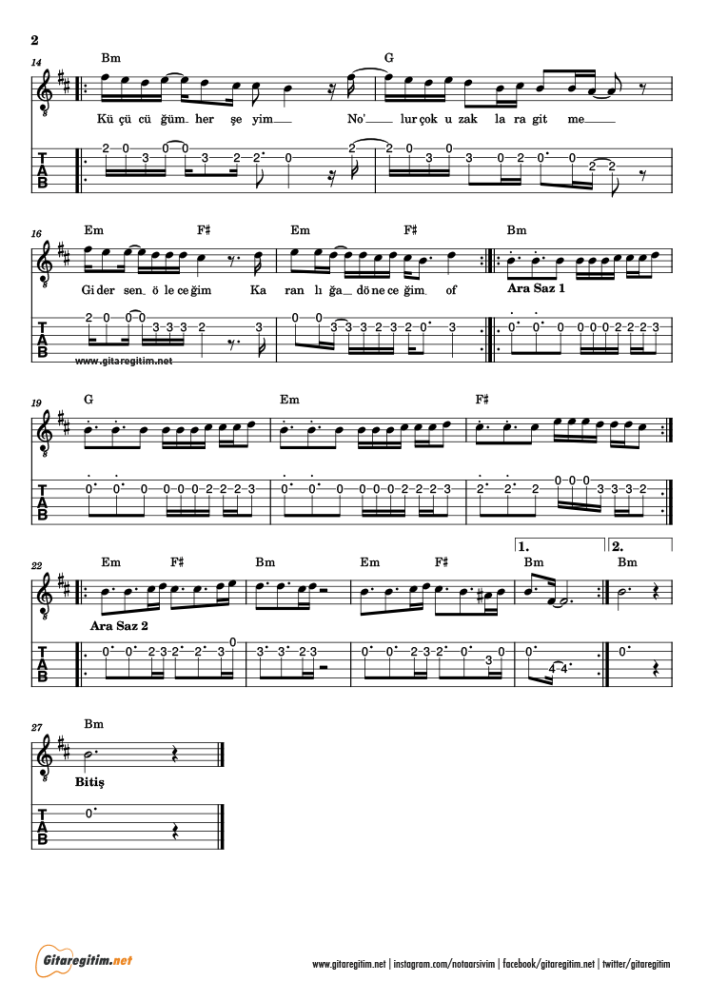 Küçücüğüm - Gitar Nota ve Tab - 2