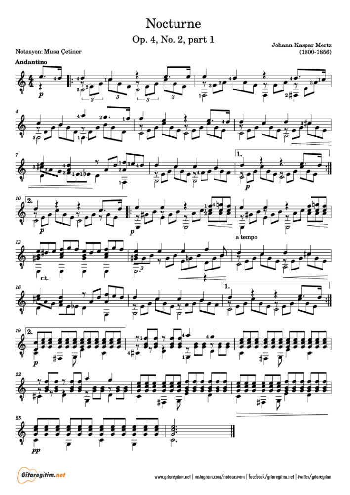 Mertz - Nocturne - Klasik Gitar Nota