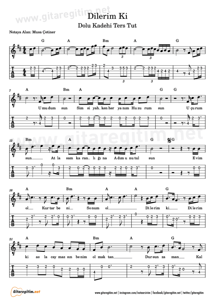 Dilerim Ki şarkısının gitar tabı
