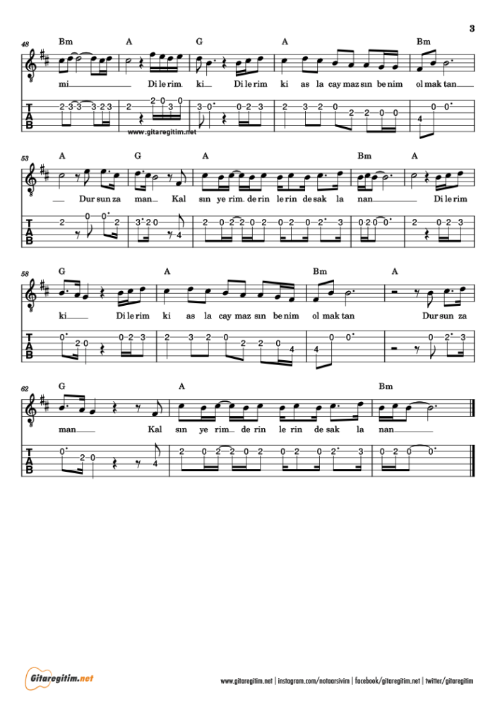 Dilerim Ki - Gitar Nota ve Tab - 3