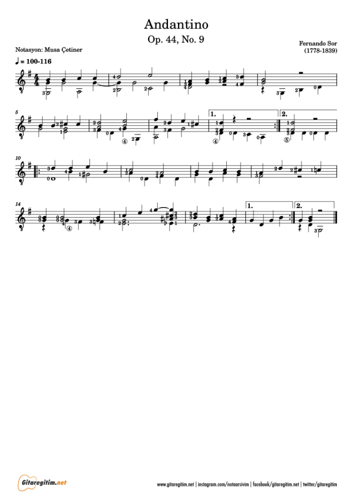 Sor, Andantino klasik gitar notasyon