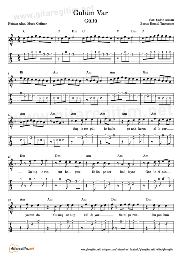 Gülüm Var şarkısının gitar notasyonu