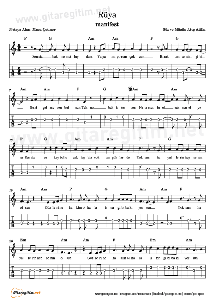 manifest, Rüya şarksının gitar tabı