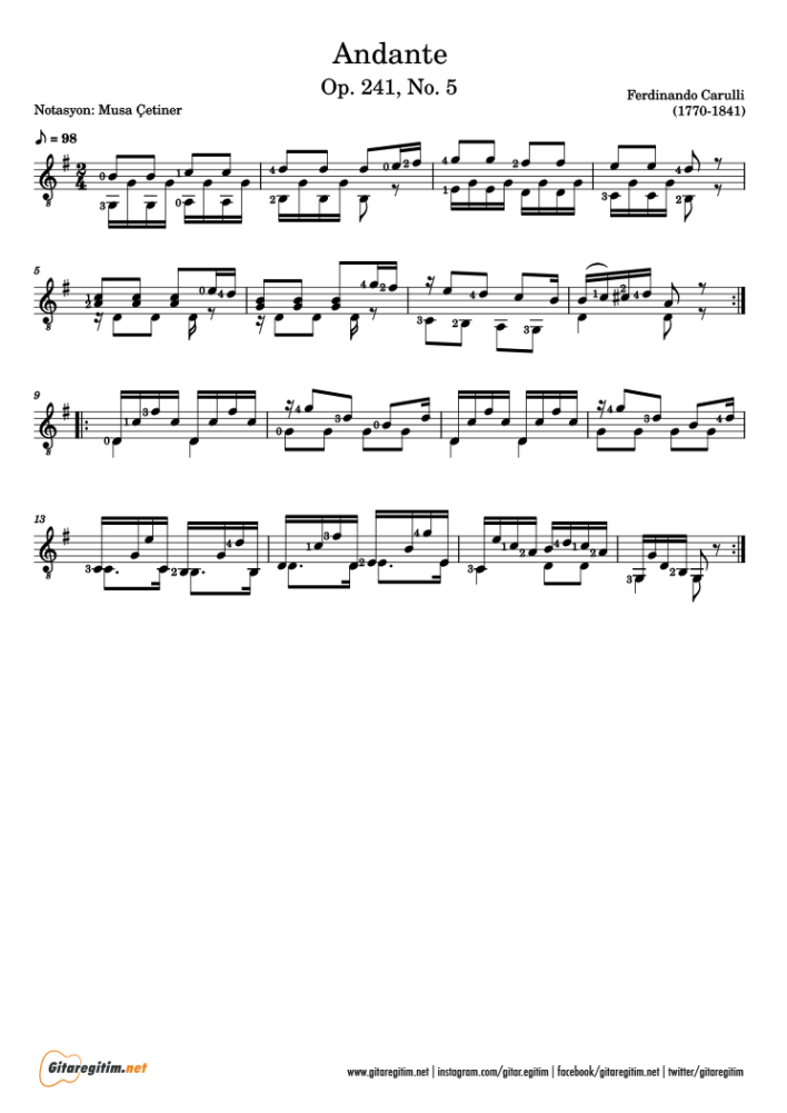 Carulli - Andante eserinin notası