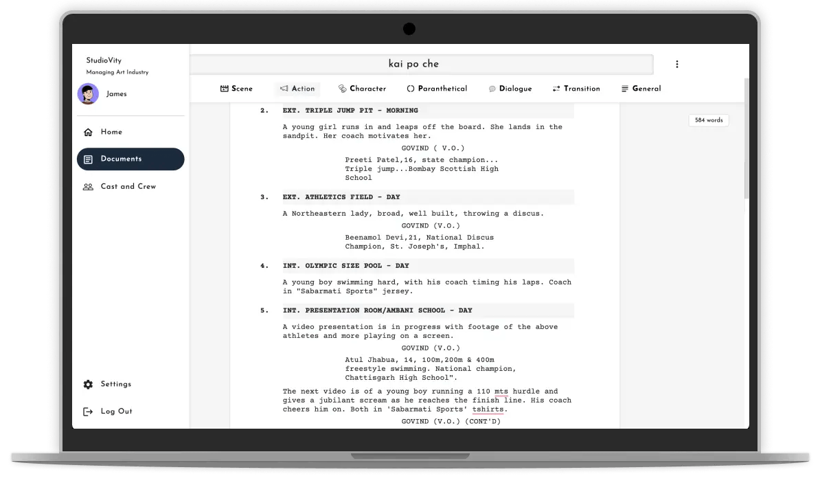 Studiovity Application showing screenplay.
