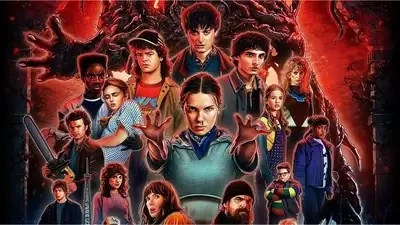 Stranger Things Season 5 promotional poster art featuring the full cast and the Vecna villain, highlighting visual effects and character hierarchy.