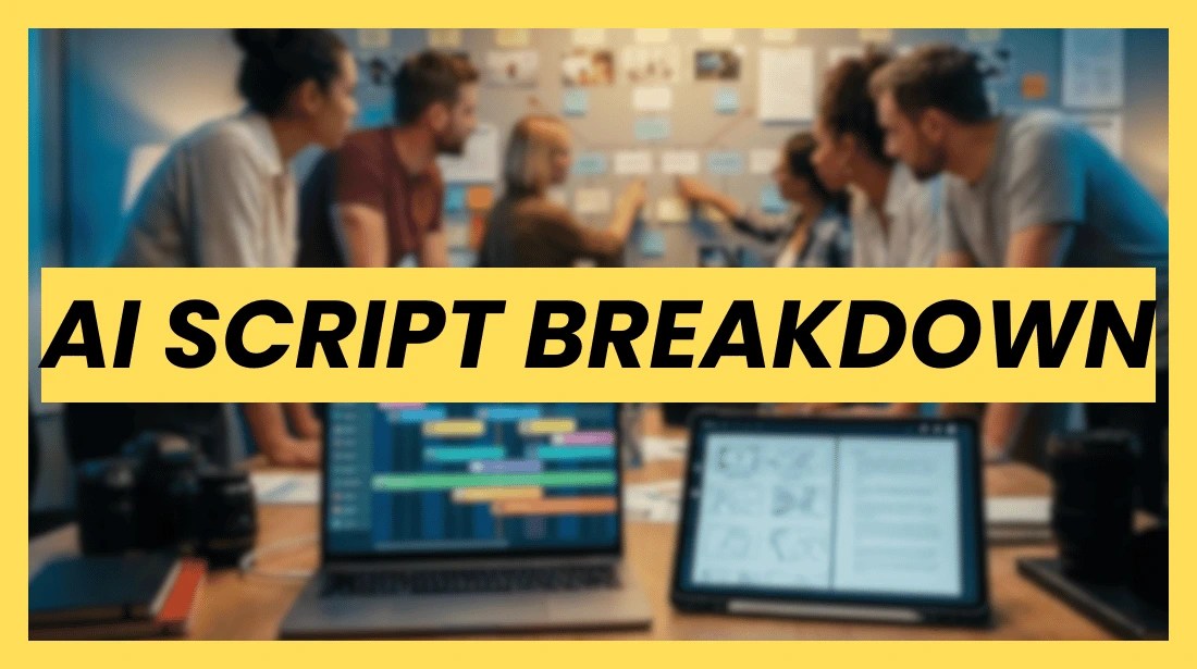 A production team working collaboratively with laptops and a storyboard wall, overlaid with the text "AI SCRIPT BREAKDOWN" to illustrate the efficiency of automated pre-production.