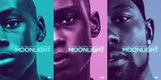 Three panels showing the protagonist of Moonlight at different ages bathed in highly saturated blue, purple, and pink lighting to represent emotional evolution.