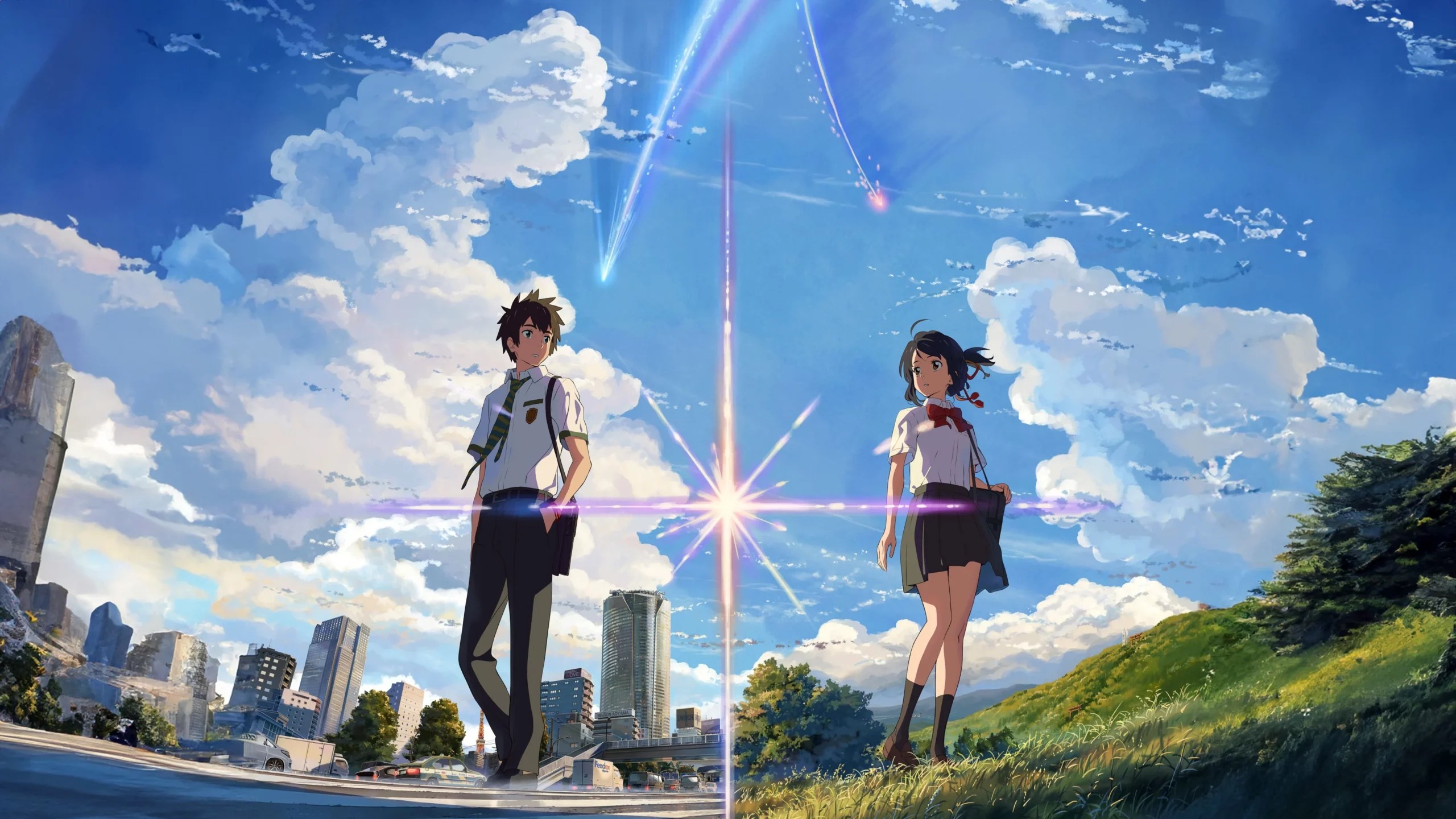 Key visual art for Makoto Shinkai's Your Name showing Taki and Mitsuha standing in the contrasting environments of Tokyo and Itomori separated by a glowing comet flare.