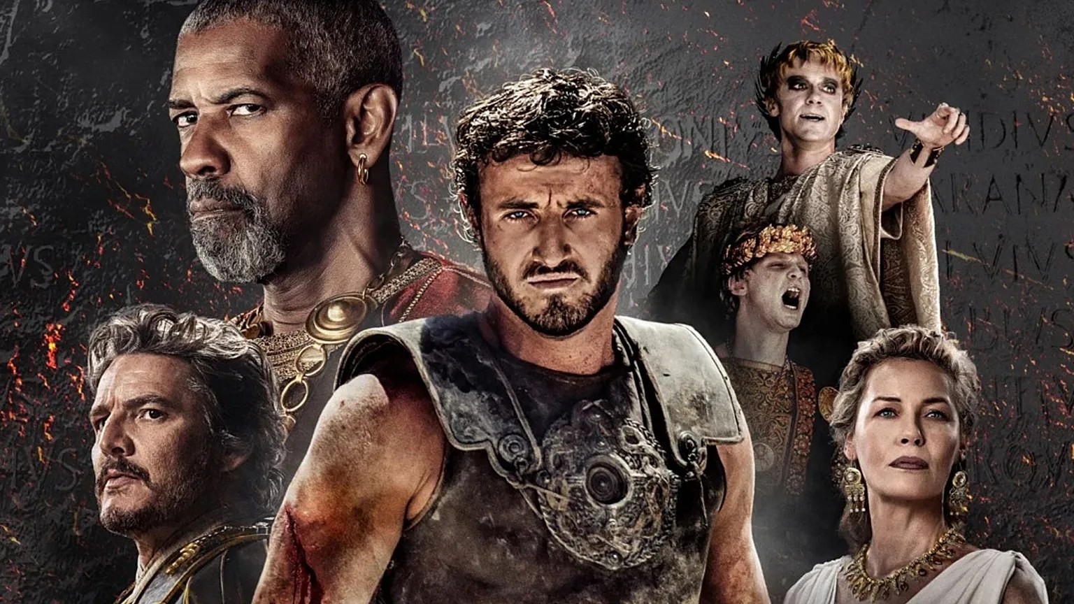 Paul Mescal, Denzel Washington, and Pedro Pascal in the official poster for the Gladiator II movie.