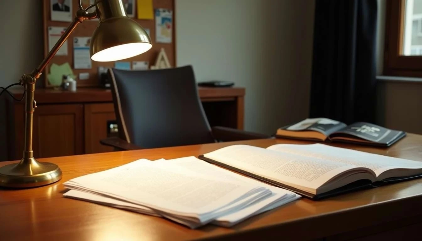 A cinematic close-up of a film producer's desk with an open screenplay and a lamp, representing the script review process.