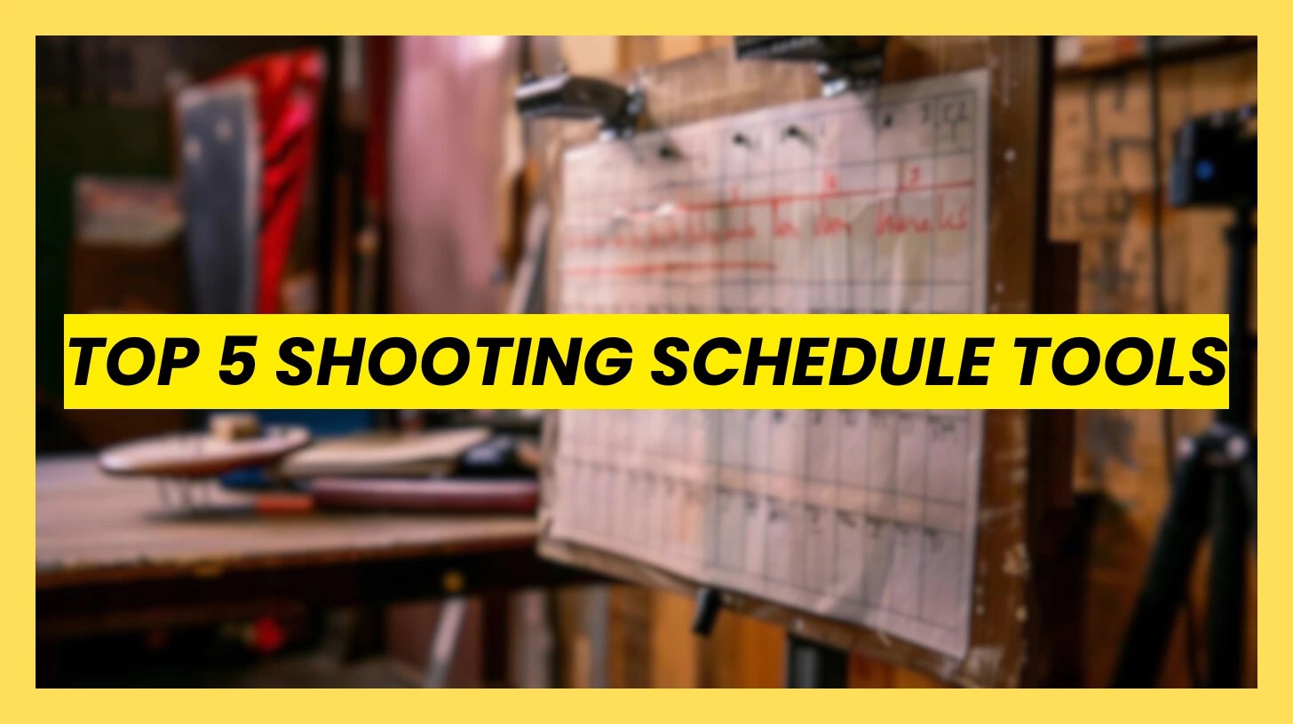 Blog banner graphic with yellow text reading "Top 5 Shooting Schedule Tools" overlaid on a blurred background of a traditional physical film stripboard, representing the search for the best shooting schedule software.